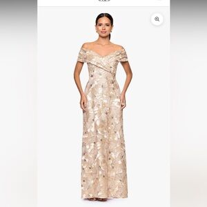 NWT Betsy & Adam "TEYANA" SOUTACHE SEQUIN OFF THE SHOULDER
FLOOR LENGTH DRESS 14
